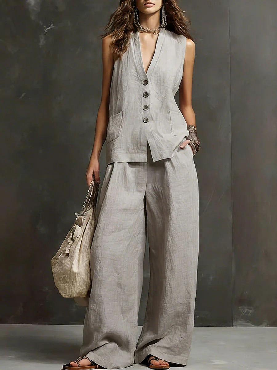 Linen Blend Sleeveless Vest & Wide-Leg Pants Set