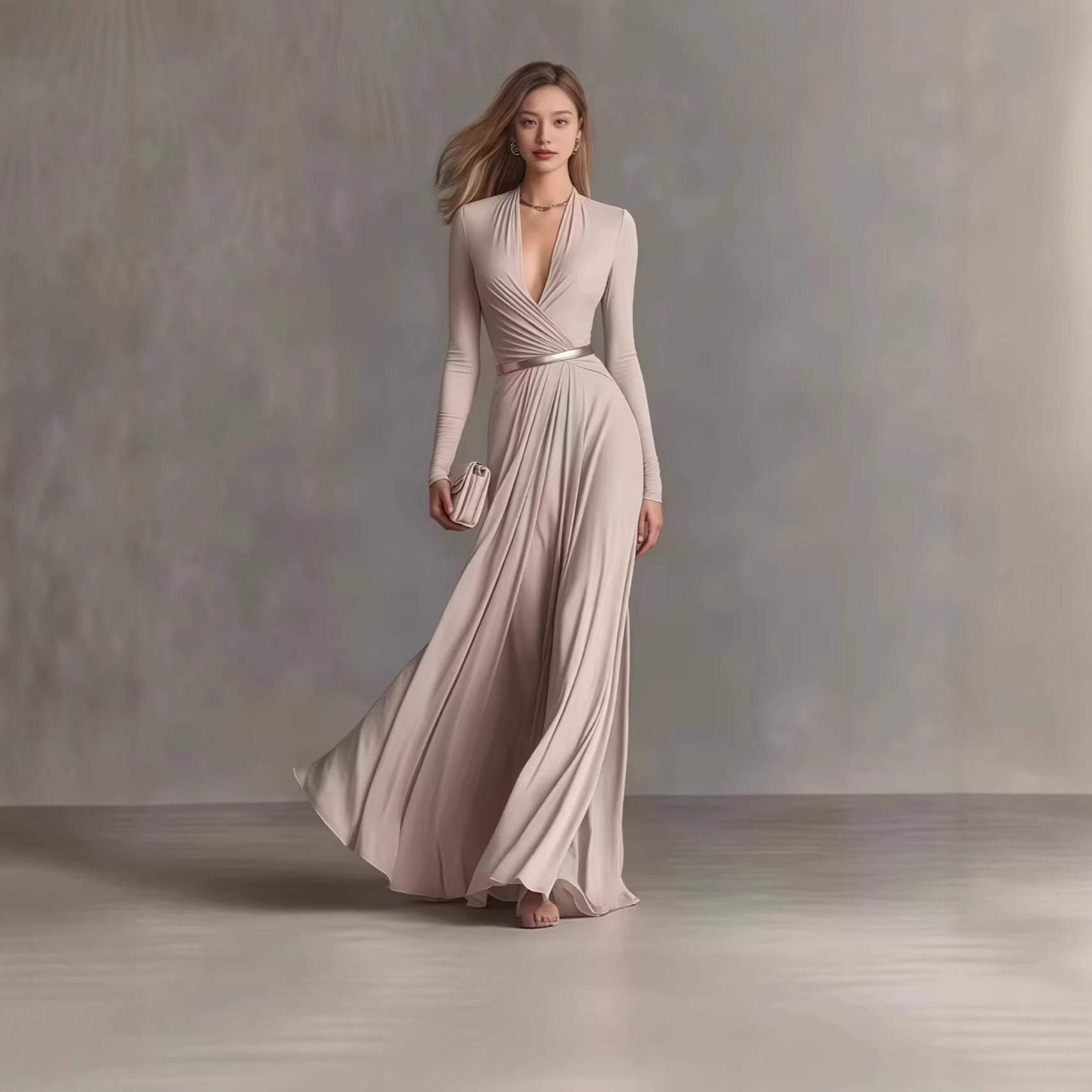 Solid Color Textured Long-Sleeved Elegant Dress For Women With Small Fragrant Waist