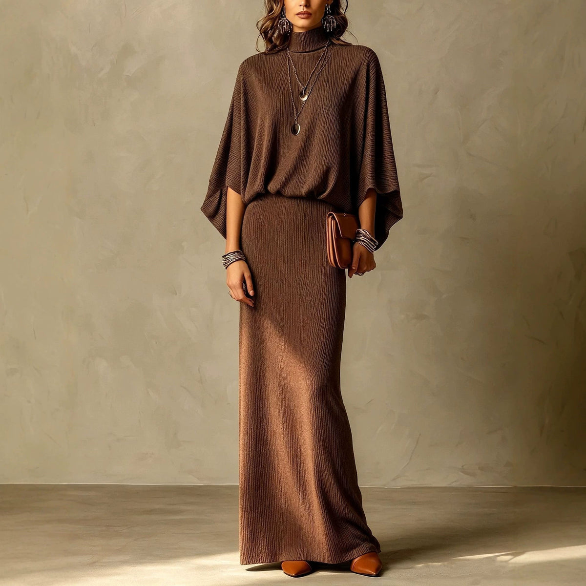 Women's Grey Ribbed Turtleneck Batwing Top & High Waist Maxi Skirt Two Piece Set