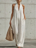Linen Halter Deep V Wide Leg Cuffed Jumpsuit