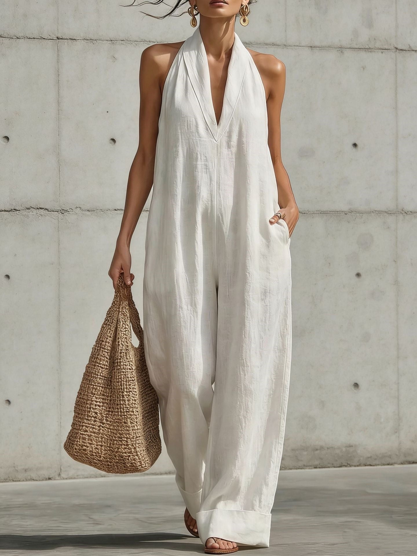 Linen Halter Deep V Wide Leg Cuffed Jumpsuit