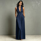 Women's Minimalist Linen-Blend Collared Single-Breasted Sleeveless Maxi Shirt Dress