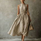 Classic Striped High Neck Sleeveless Midi Dress