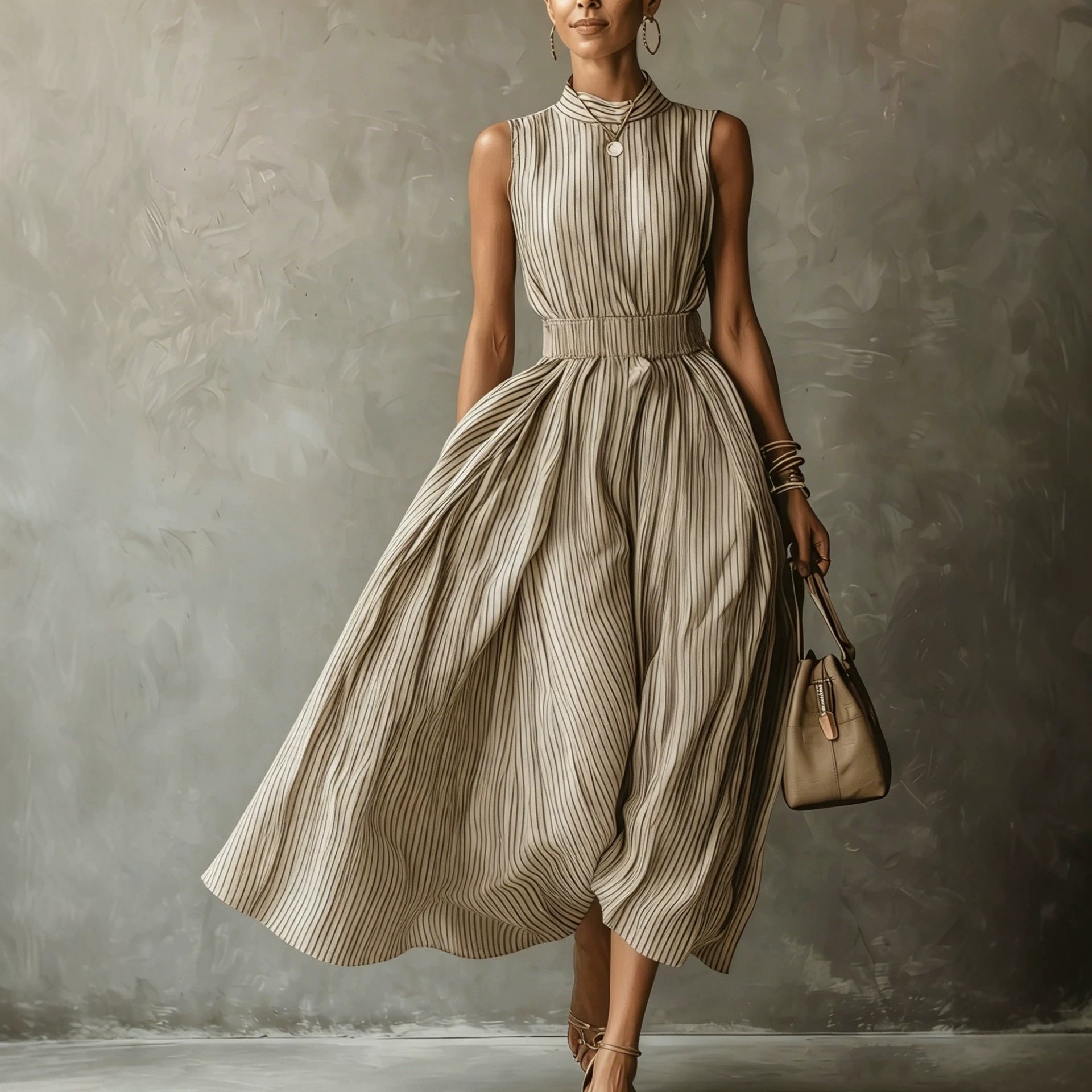 Classic Striped High Neck Sleeveless Midi Dress