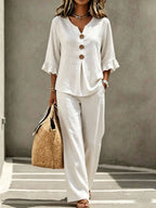 Light Blue V Neck Ruffle Sleeve Linen Two-Piece Wide Leg Pants Set
