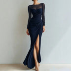 Women's Mesh Long Sleeve Sweetheart Ruched Slit Maxi Evening Dress