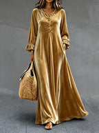 Women's V‑Neck Velvet Ruffle Cuff Maxi Dress