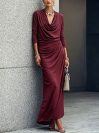 Cowl Neck Ruched Long Sleeve Maxi Dress