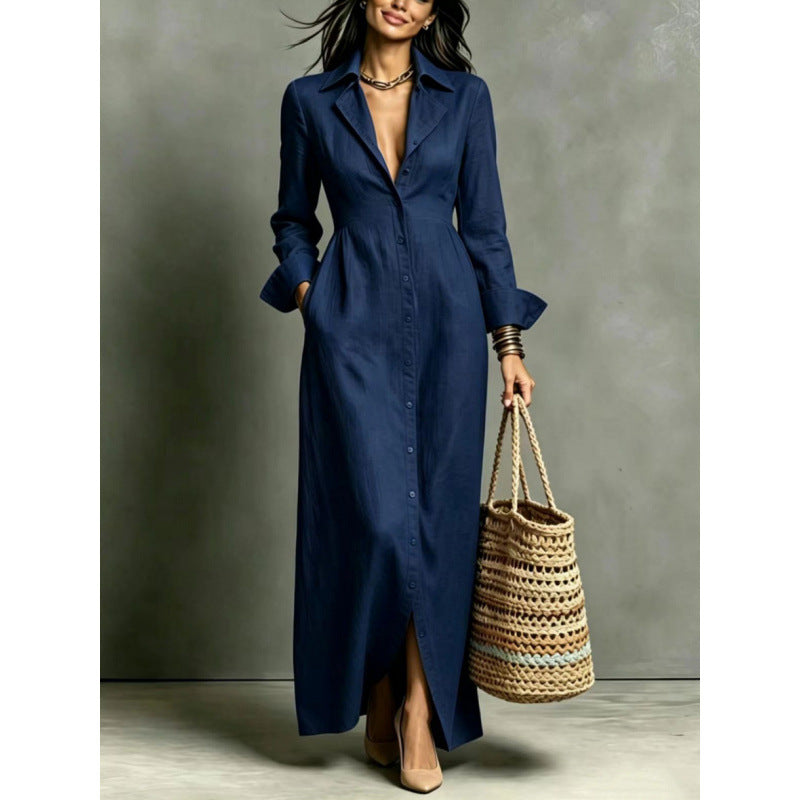 Women'S Lapel Collar Button‑Front Linen Shirt Maxi Dress