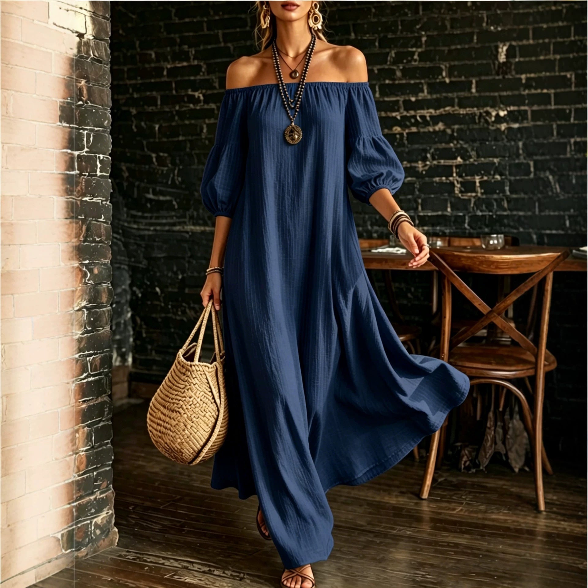 Women White Off‑Shoulder Balloon Sleeve Flowy Maxi Dress