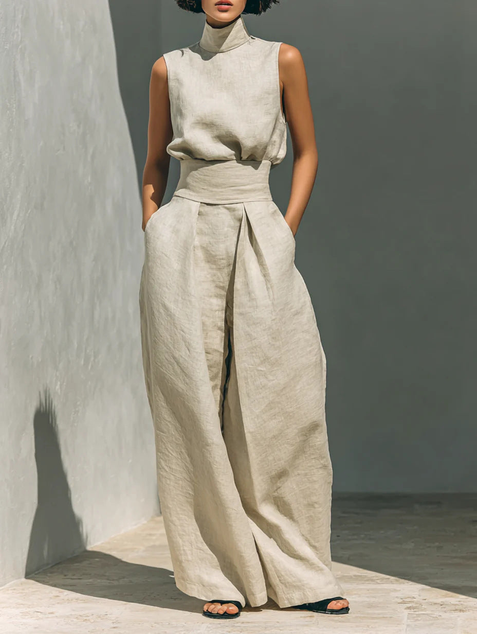 Women'S Sleeveless Turtleneck Top & High‑Waist Wide‑Leg Pants Two‑Piece Set