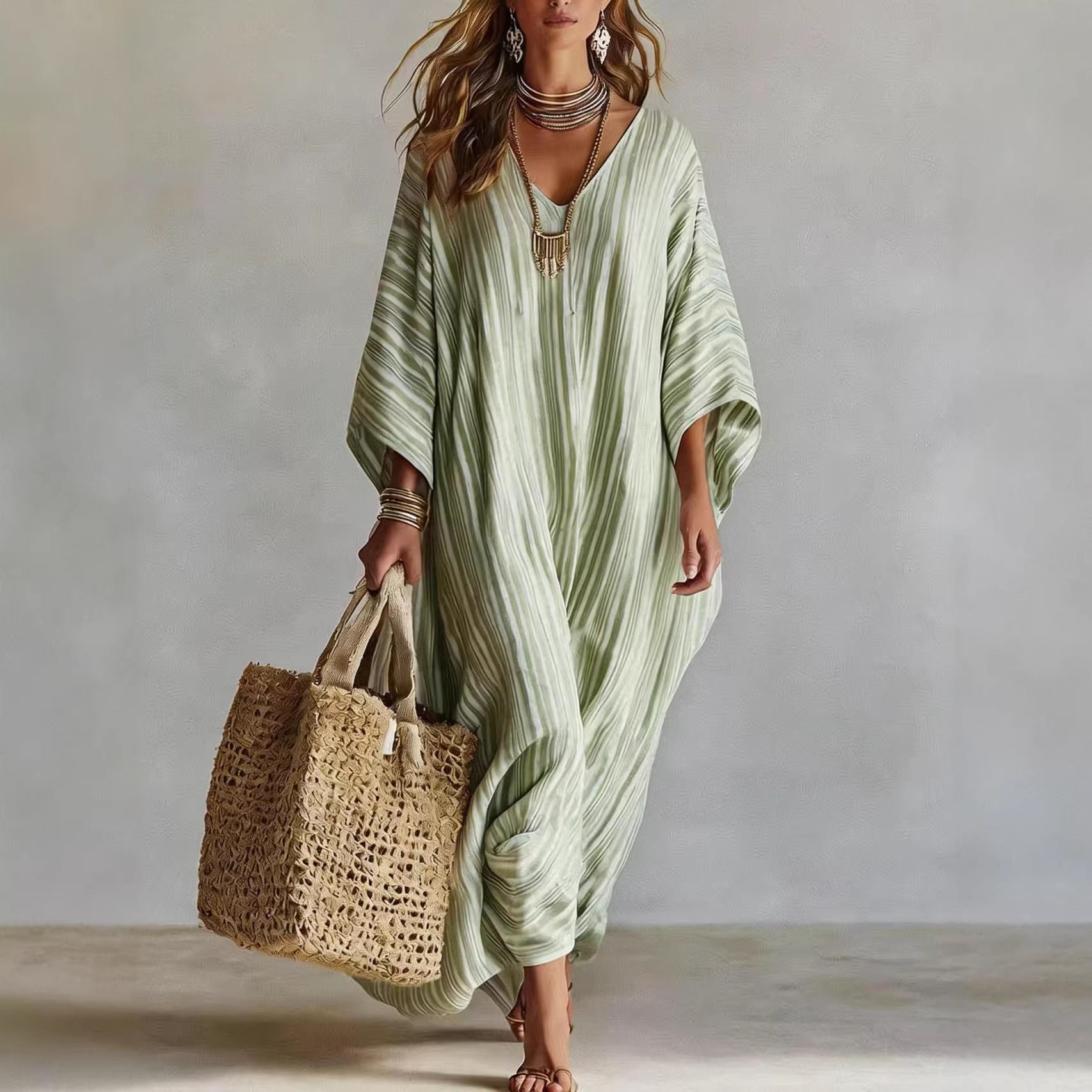 Women's Light Striped Linen-Blend Kaftan Maxi Dress - Oversized V-Neck Beach Cover-Up