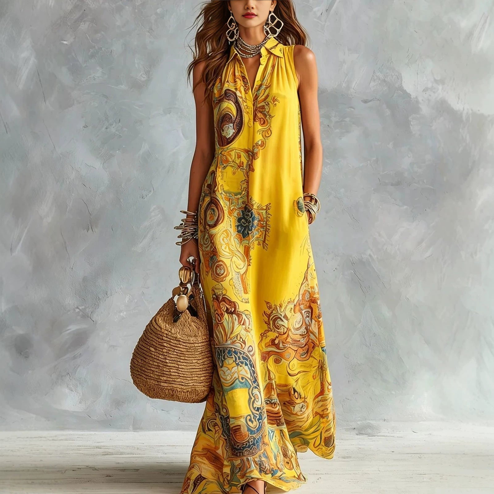 Vintage Baroque Print Sleeveless Maxi Shirt Dress