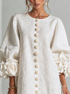 Women Blush Pink Fabric Floral Appliqué Balloon‑Sleeve Shift Mini Dress
