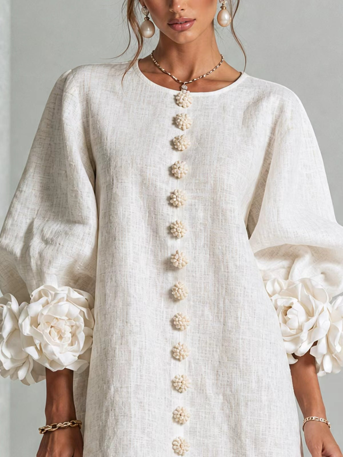 Women Blush Pink Fabric Floral Appliqué Balloon‑Sleeve Shift Mini Dress