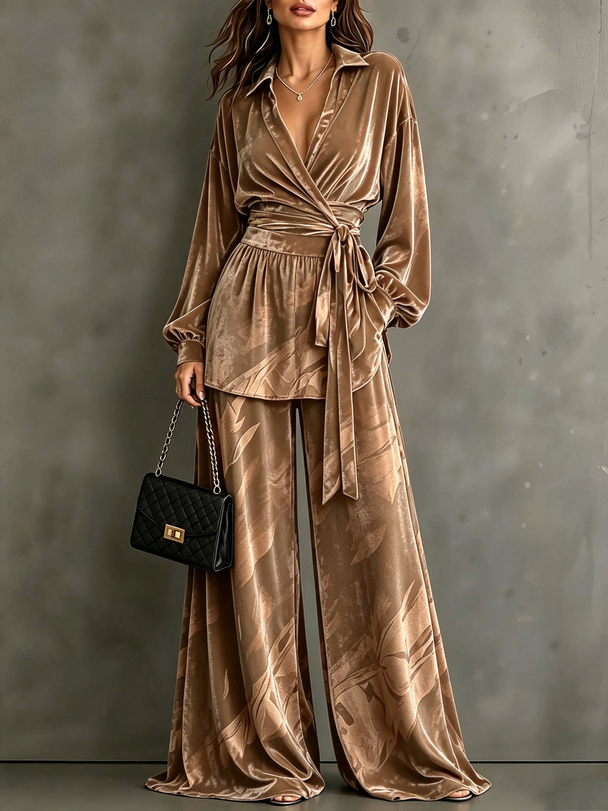 Velvet Wrap Blouse & Wide-Leg Pant Set – Printed Two-Piece