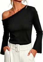Vintage Elegant Off-the-shoulder Knit Fabric Shirt