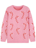 Women's Plus Size Crew Neck Candy Cane Print Long Sleeve Christmas Knit Sweater