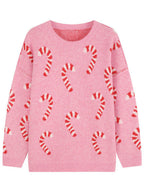 Women's Plus Size Crew Neck Candy Cane Print Long Sleeve Christmas Knit Sweater