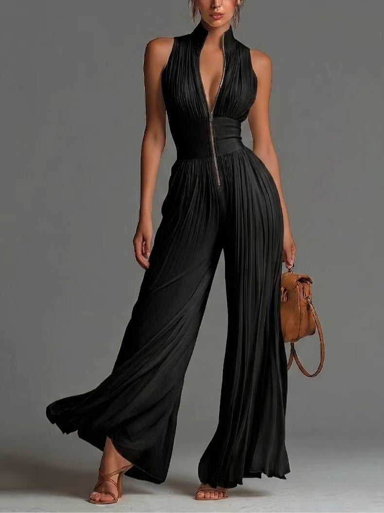 V-neck Sleeveless Zip-up Pleated Wide-leg Chiffon Jumpsuit