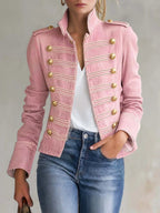 Women’s Stand Collar Double Breasted Gold Button Decor Denim Jacket
