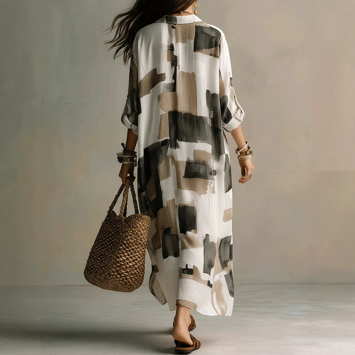 Roll Sleeve Oversized Irregular Hem Linen Blend Vacation Cover Up Dress
