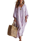 Women's Light Striped Linen-Blend Kaftan Maxi Dress - Oversized V-Neck Beach Cover-Up