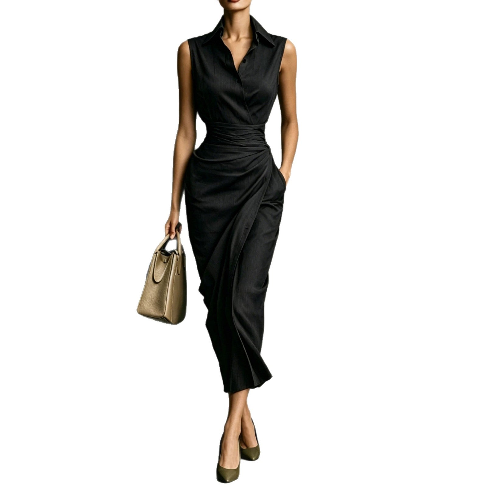 Women's Burgundy Sleeveless Wrap Shirt Midi Dress - Elegant Office & Evening Wear