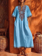 Linen Floral Embroidery V Neck Short Sleeve Midi Kaftan Dress