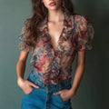 Vintage Watercolor Floral Sheer Ruffle Blouse