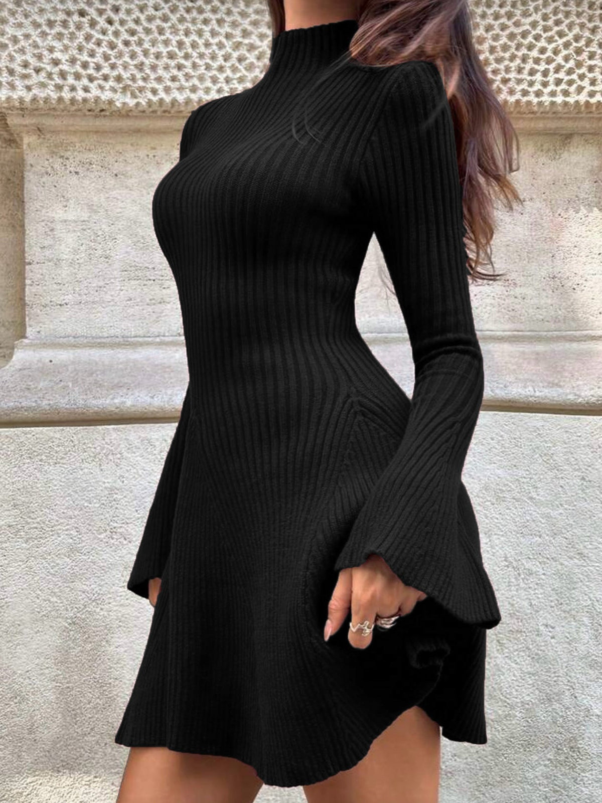 Ribbed Knit Mock Neck Mini Dress