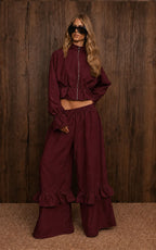 Casual Dusty Lavender Cropped Jacket and Flared Ruffle Pant Set