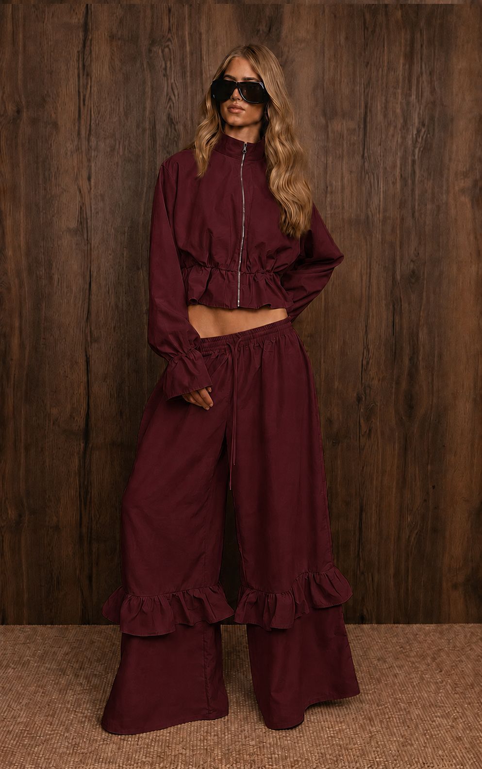 Casual Dusty Lavender Cropped Jacket and Flared Ruffle Pant Set