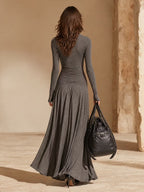 Ribbed Button-Front Maxi Dress with Ruched Waist