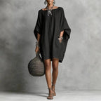 Women's Solid-color round-neck 3/4-sleeve Casual Loose Cotton-linen Dress
