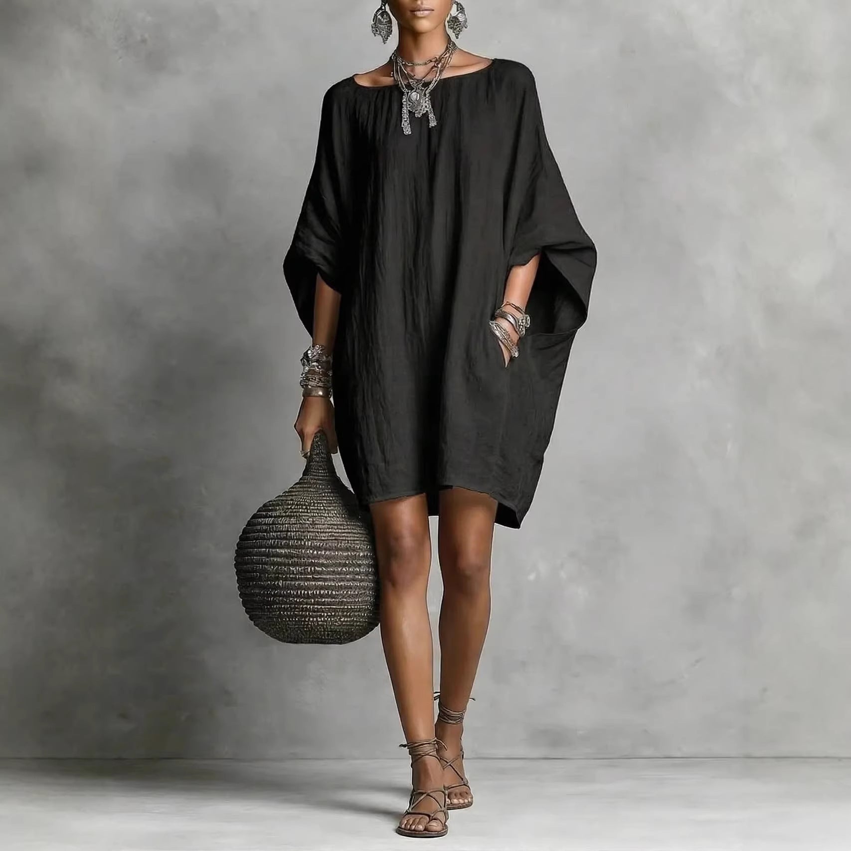 Women's Solid-color round-neck 3/4-sleeve Casual Loose Cotton-linen Dress