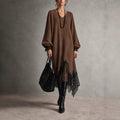 V‑Neck Lantern Sleeve Lace Trim Midi Knit Dress