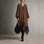 V‑Neck Lantern Sleeve Lace Trim Midi Knit Dress