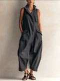 Sleeveless Linen Utility Jumpsuit Loose Cropped Wide Leg Cargo Jumpsuit