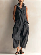 Sleeveless Linen Utility Jumpsuit Loose Cropped Wide Leg Cargo Jumpsuit