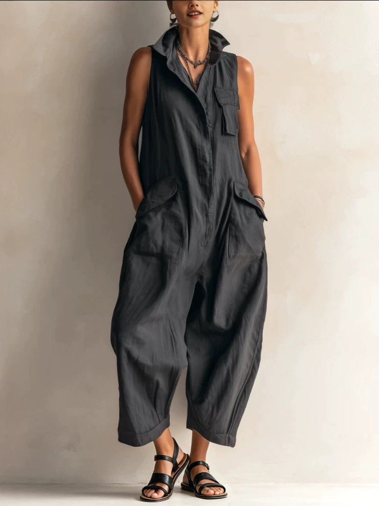 Sleeveless Linen Utility Jumpsuit Loose Cropped Wide Leg Cargo Jumpsuit