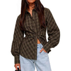 Vintage Brown Checkered Collared Long Sleeve Slim Fit Blouse