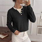 Women's Henley Button Notch Neck Drop‑Shoulder Long Sleeve Knit Sweater