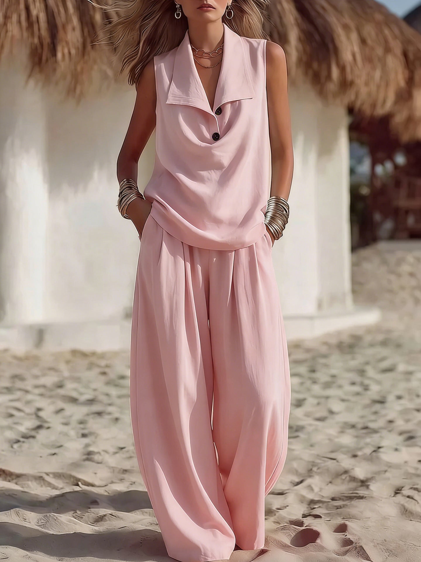 Sleeveless Collar Top & Wide Leg Vacation Pants