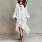 Crinkled Textured Oversized Bell Sleeve Asymmetrical Ruffle High Low Midi Dress