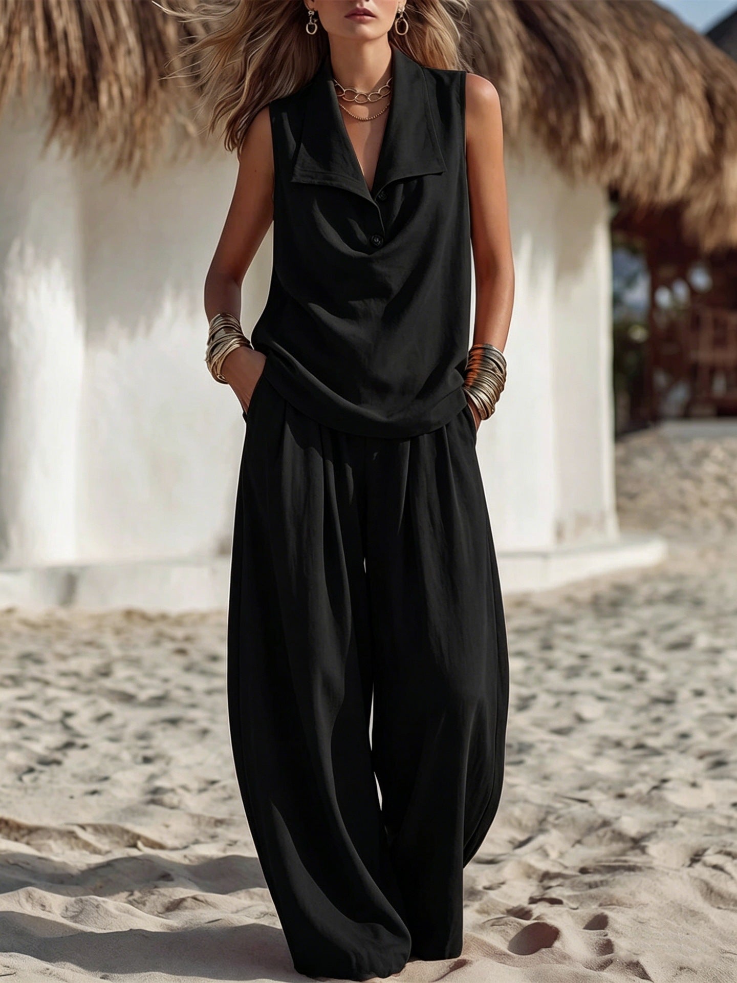 Sleeveless Collar Top & Wide Leg Vacation Pants