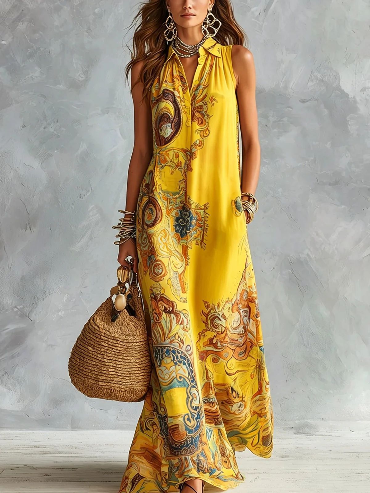 Vintage Baroque Print Sleeveless Maxi Shirt Dress