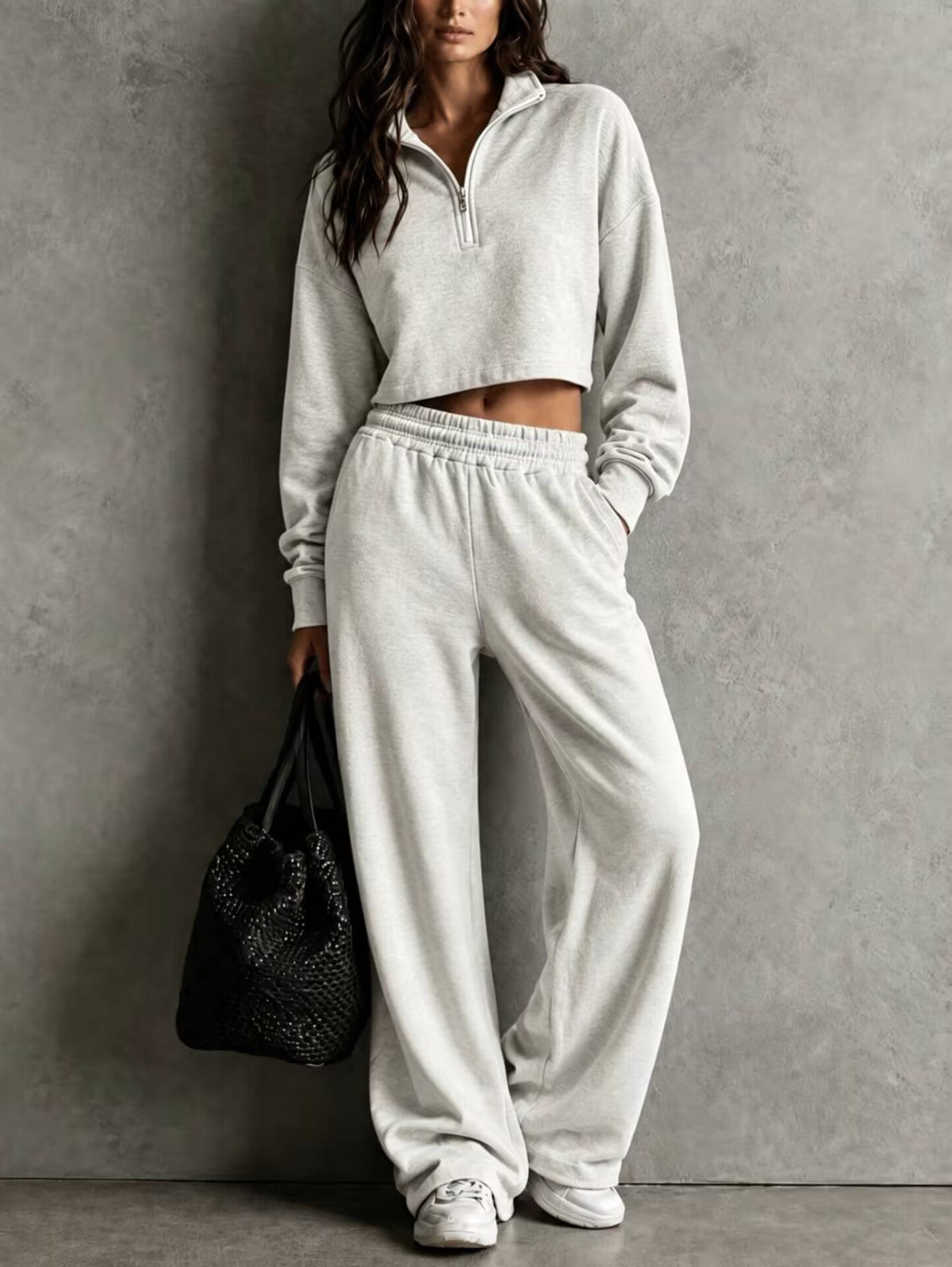 Half‑Zip Cropped Sweatshirt & Wide‑Leg Sweatpants Two‑Piece Set