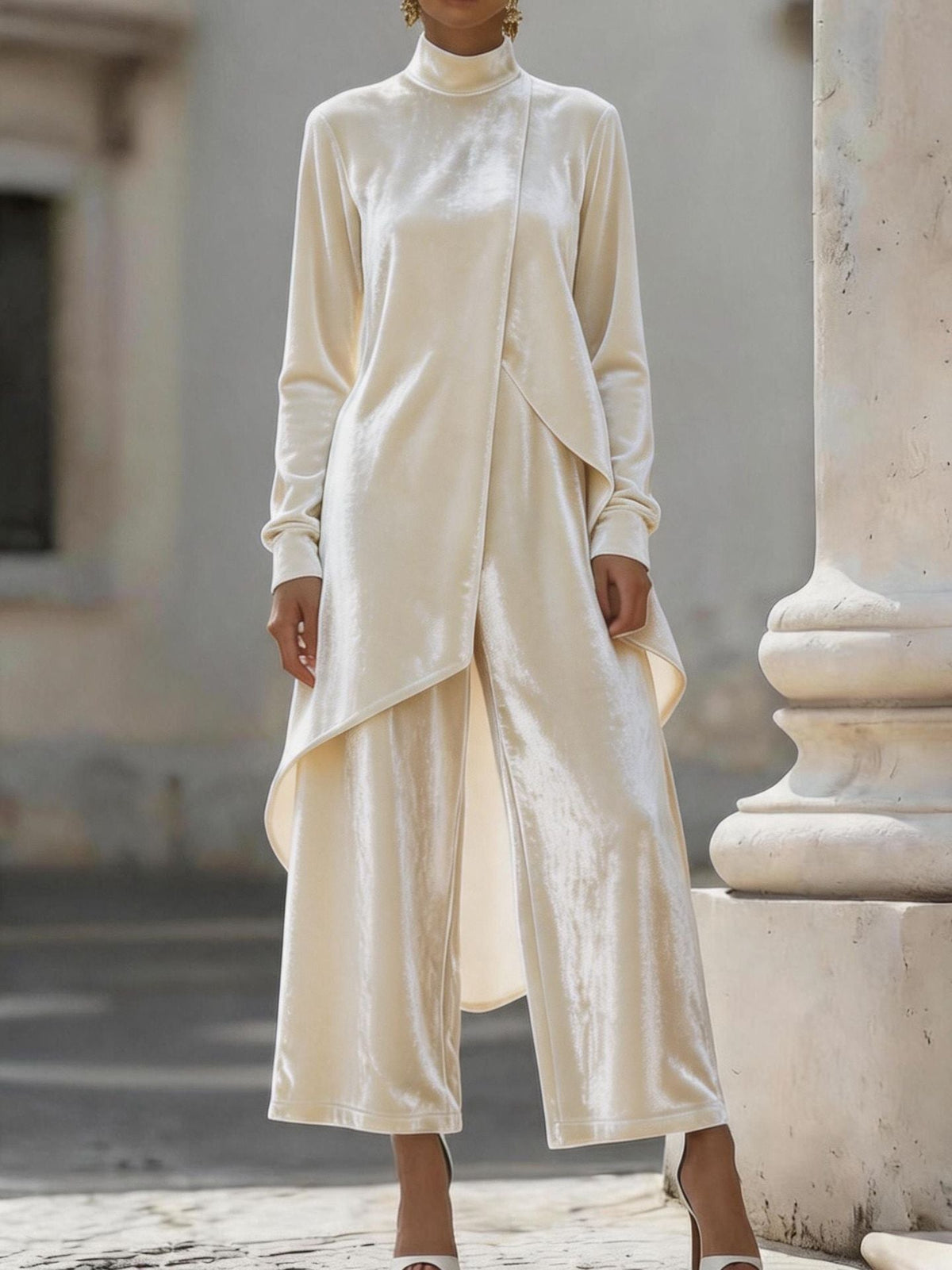 Velvet Asymmetrical Turtleneck Two-Piece Set