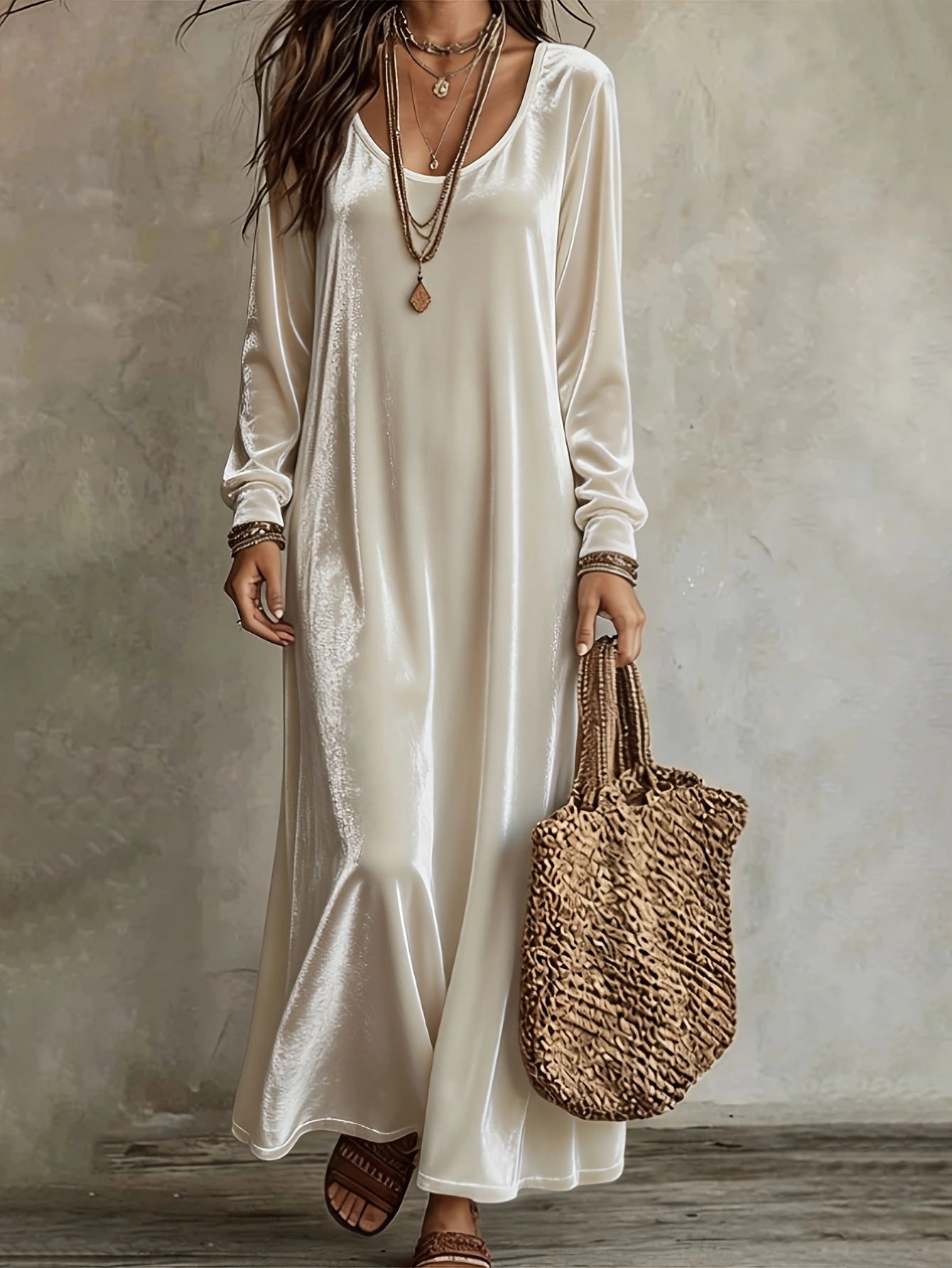 Women's Velvet U‑Neck Long Sleeve Maxi Dress